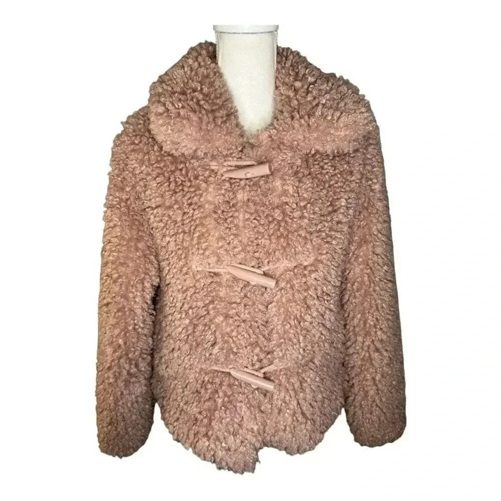 LC Lauren Conrad Women’s XS Toggle Cropped Faux-Fur Jacket Soft Mauve